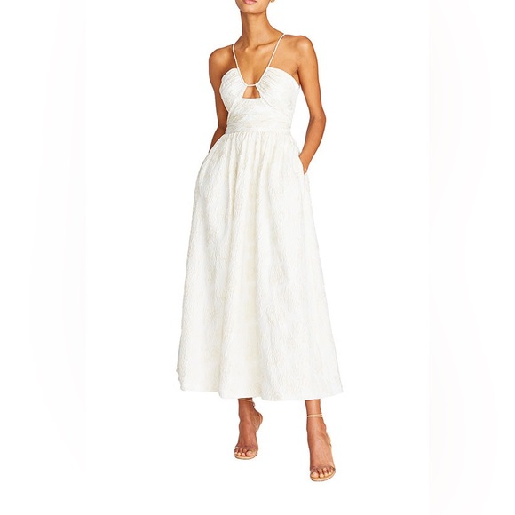 NWT MONIQUE LHUILLIER Spaghetti strap Metallic Jacquard Midi Dress - Ivory - Picture 3 of 16
